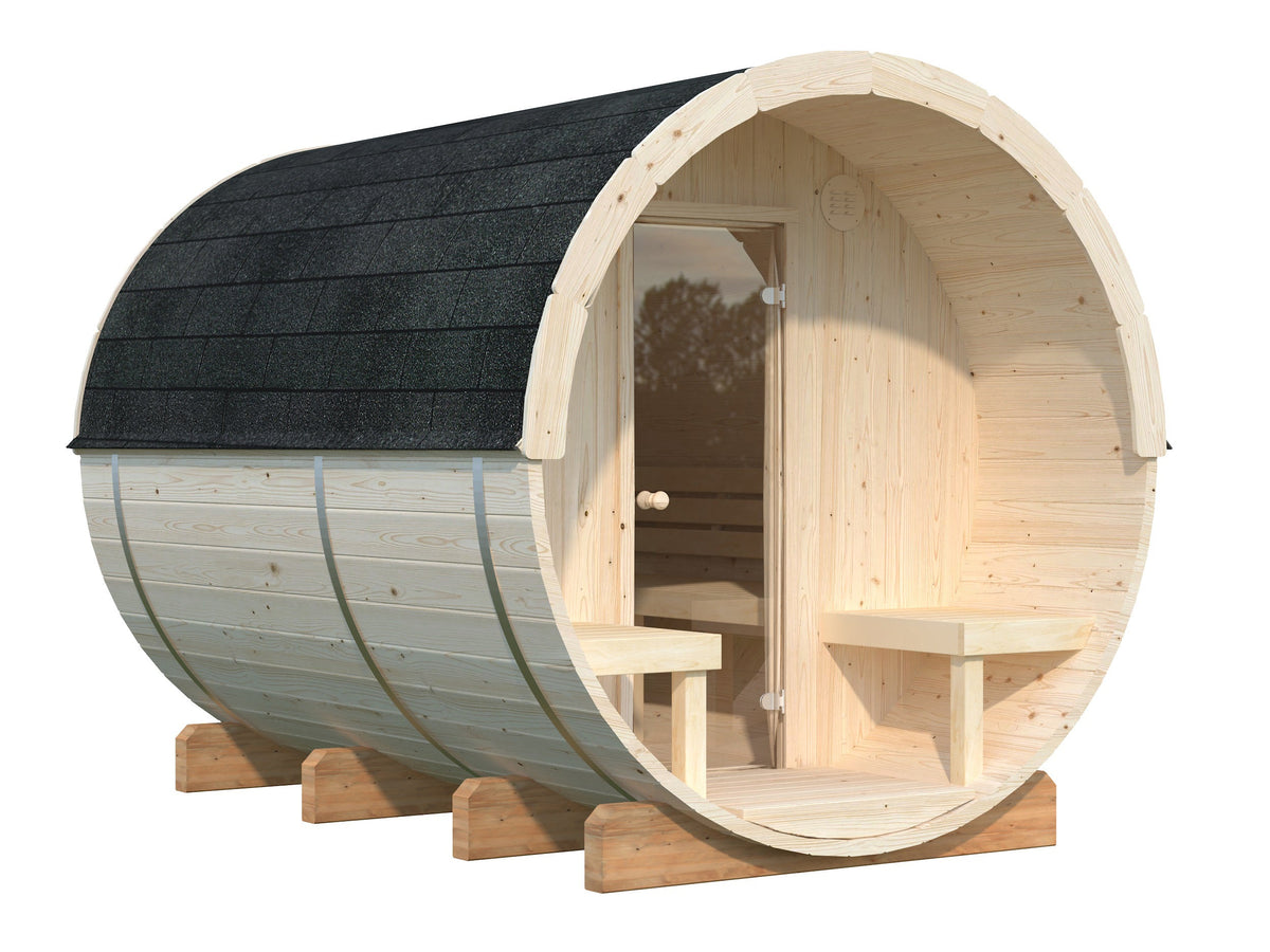Barrel Sauna Anita L, 2.08 × Ø2.2 m, 2/4 (lying/seated), untreated