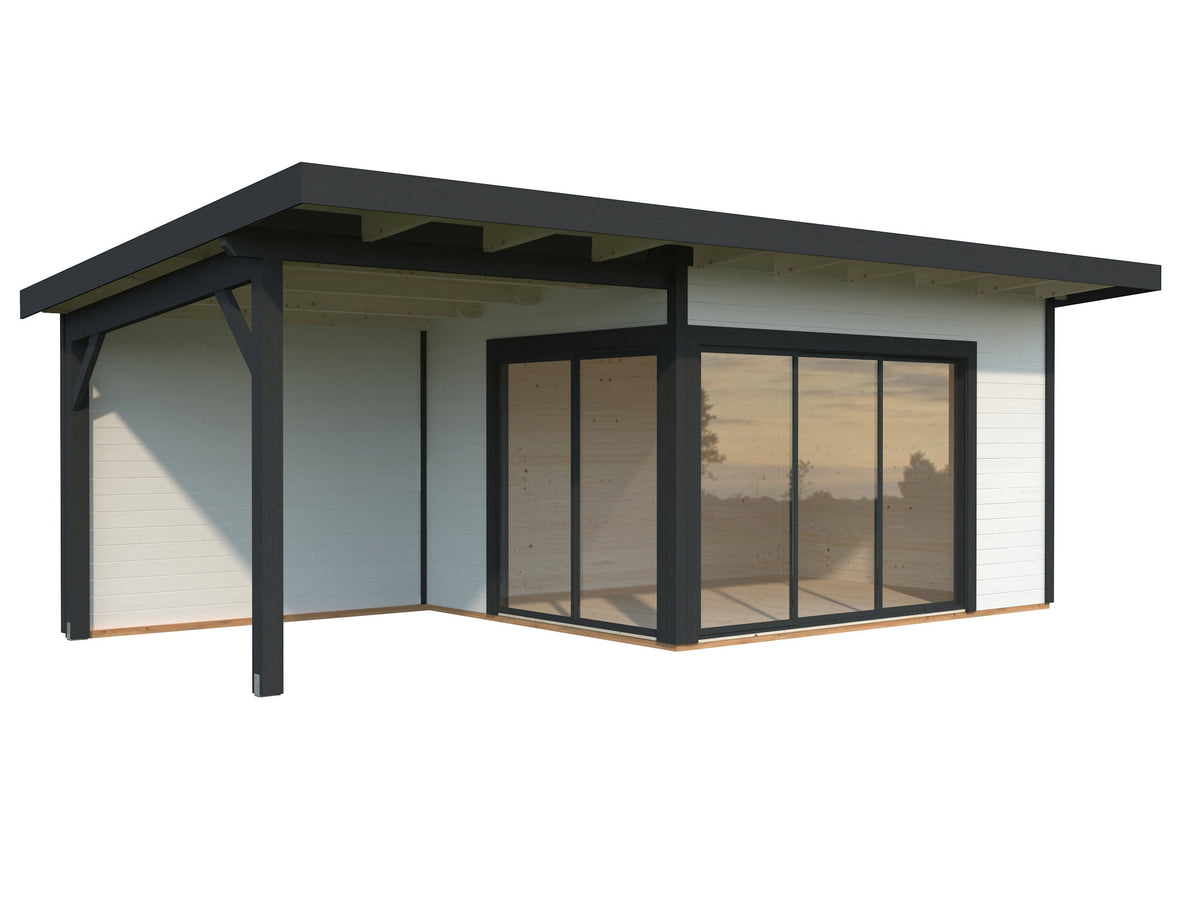 Garden Cabin Andrea 11.2+7.9 m² Slide Plus, white with anthracite trim