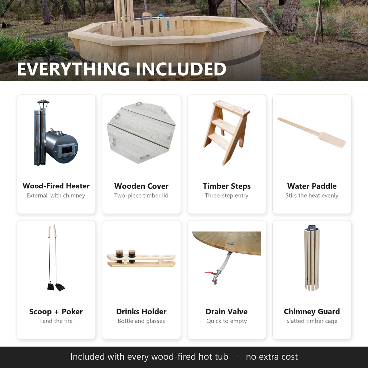 Accessories included with every Nordic Spa external-heater wood-fired hot tub, no extra cost