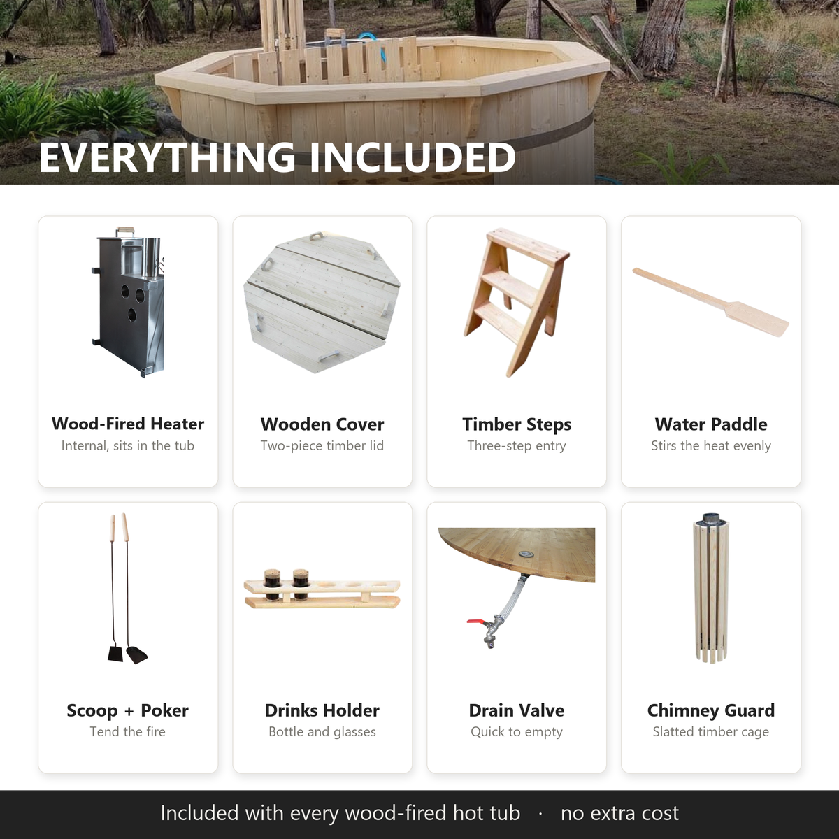 Accessories included with every Nordic Spa internal-heater wood-fired hot tub, no extra cost