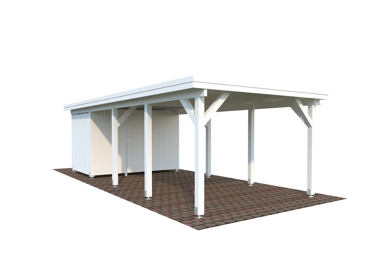 Timber Carport Karl 23.1 m² with shed, painted white