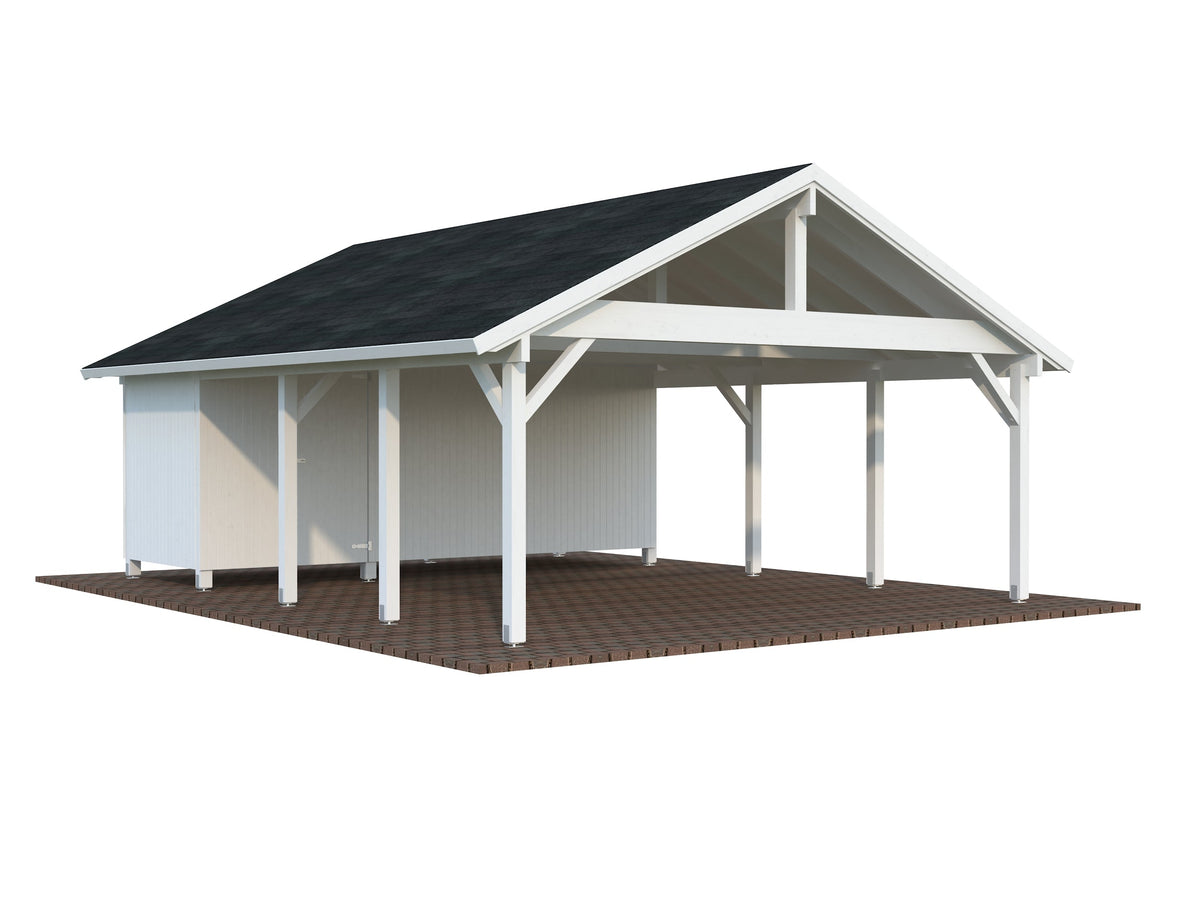 Timber Carport Robert 40.6 m² with shed, painted white