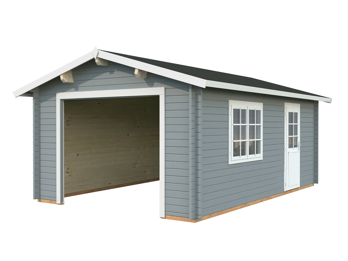 Timber Garage Irene/Roger 19.0 m² kit, light grey with white trim