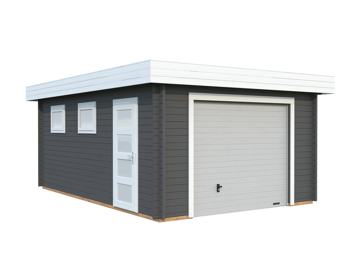 Timber Garage Rasmus 19.0 m² with sectional door, grey with white trim