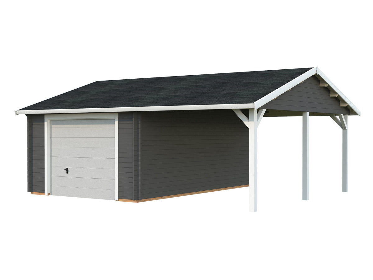 Timber Garage Roger 19.0+16.2 m² with sectional door, grey with white trim