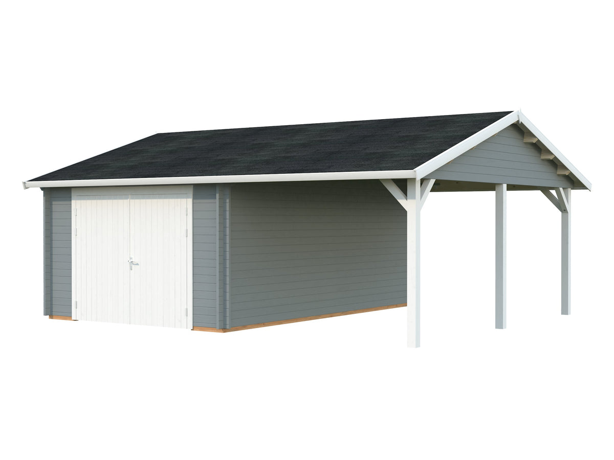 Timber Garage Roger 19.0+16.2 m² with wooden gate, light grey with white trim