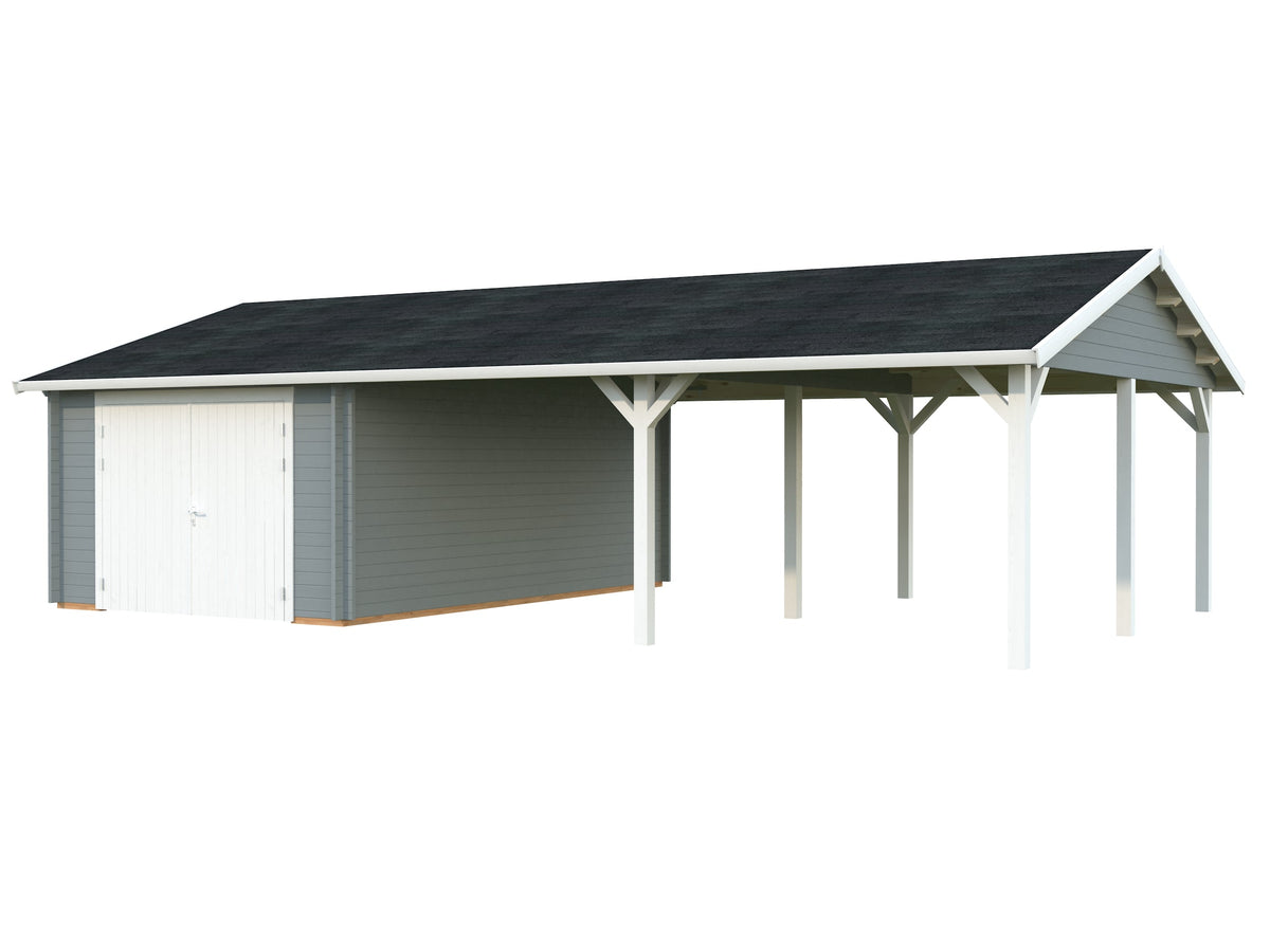 Timber Garage Roger 19.0+33.2 m² with wooden gate, light grey with white trim