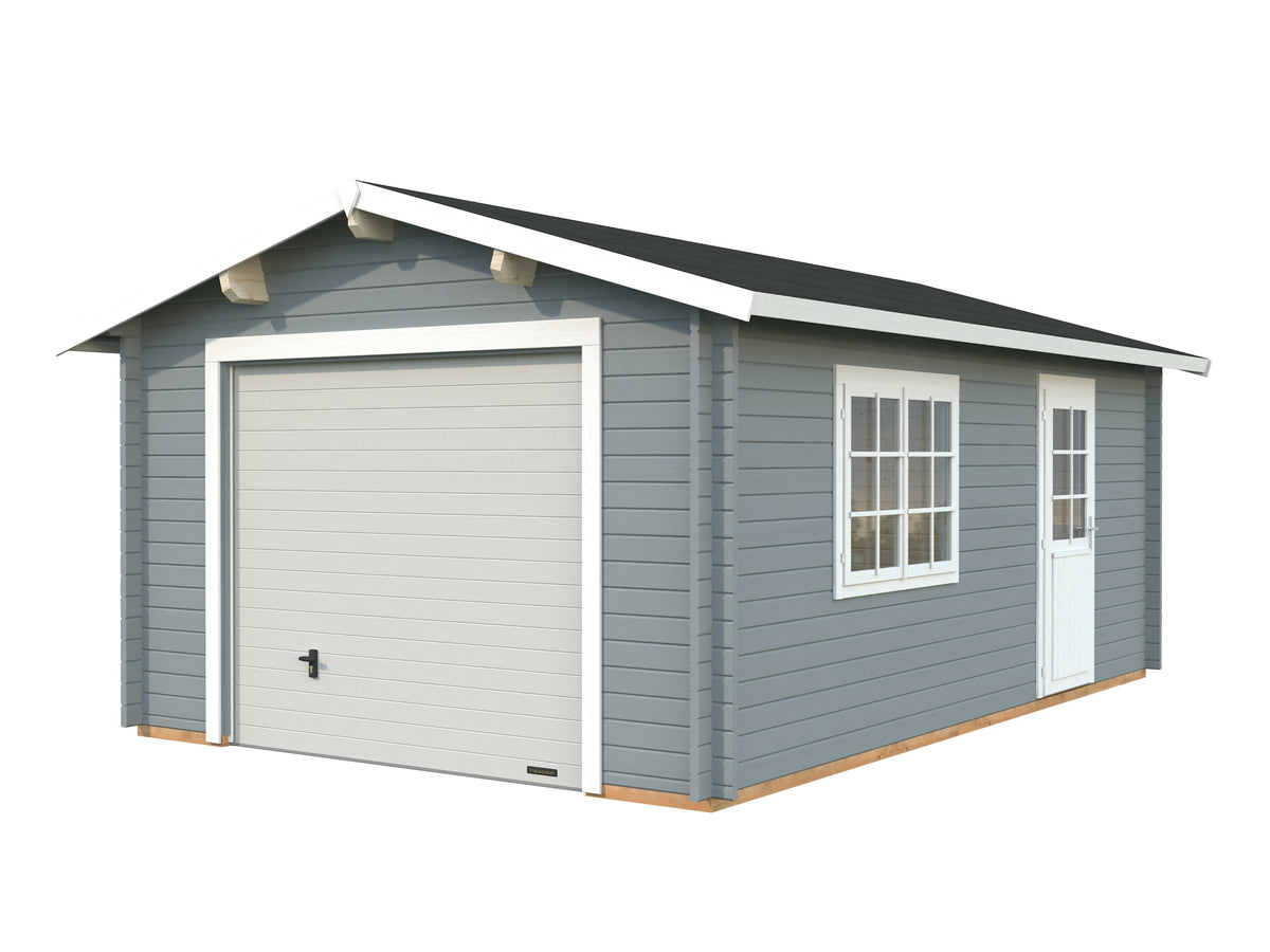 Timber Garage Roger 19.0 m² with sectional door, light grey with white trim