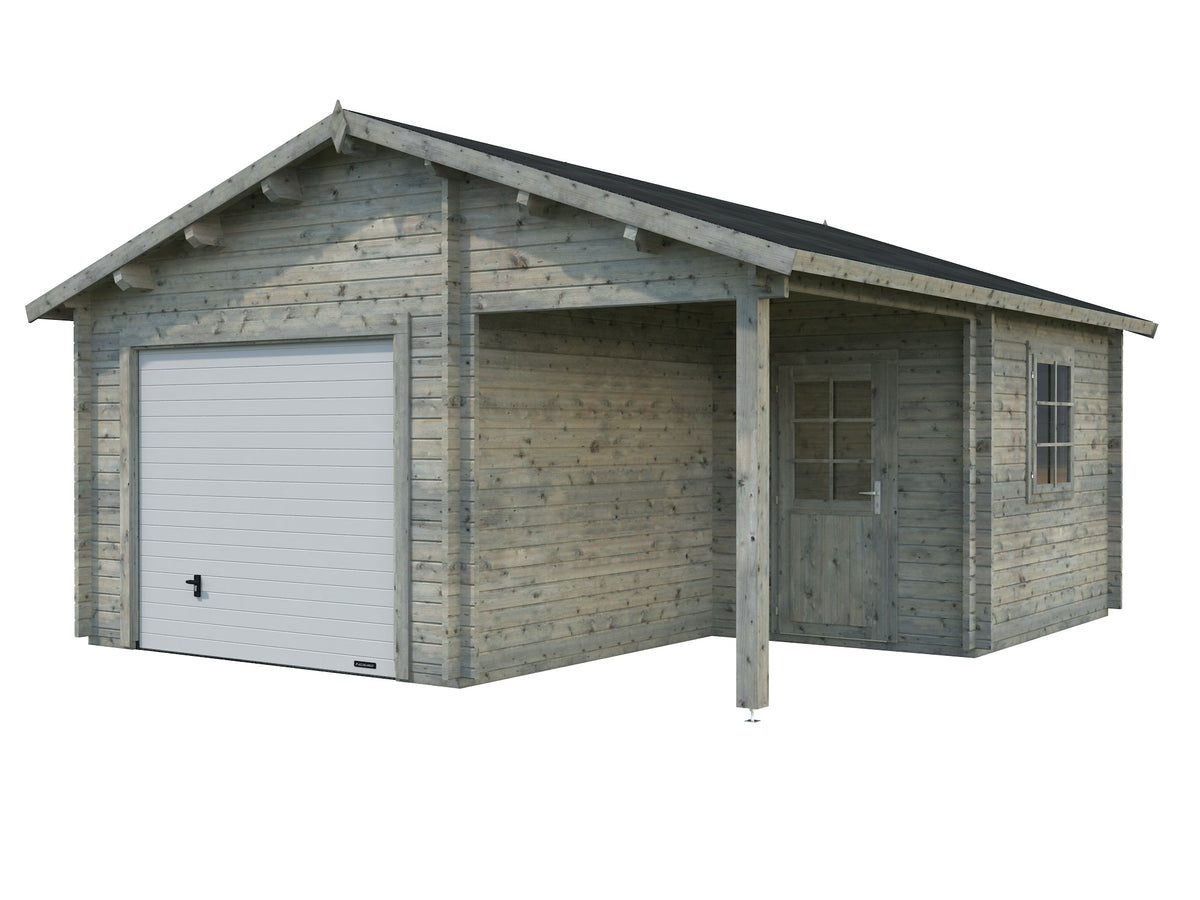 Timber Garage Roger 21.9+5.2 m² with sectional door, grey dip-treated