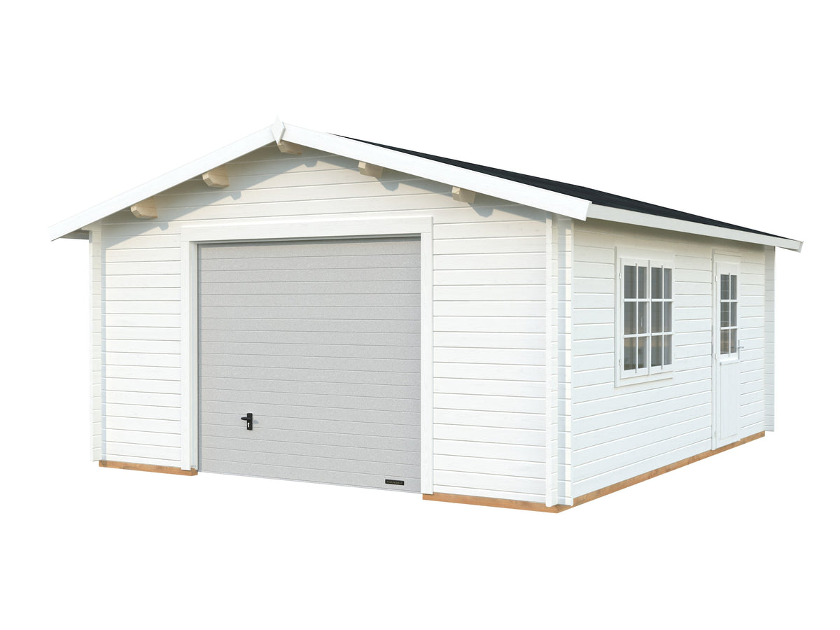 Timber Garage Roger 23.9 m² with sectional door, painted white