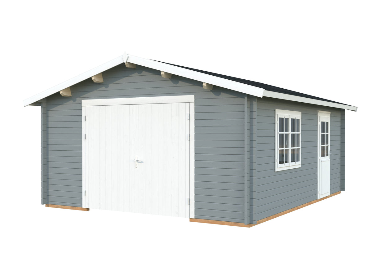 Timber Garage Roger 23.9 m² with wooden gate, light grey with white trim