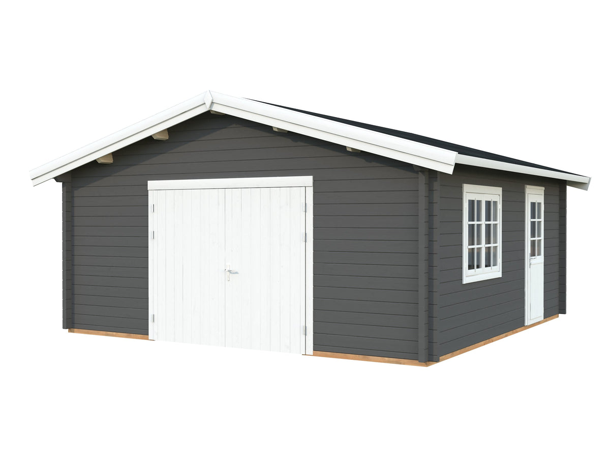 Timber Garage Roger 27.7 m² with wooden gate, grey with white trim