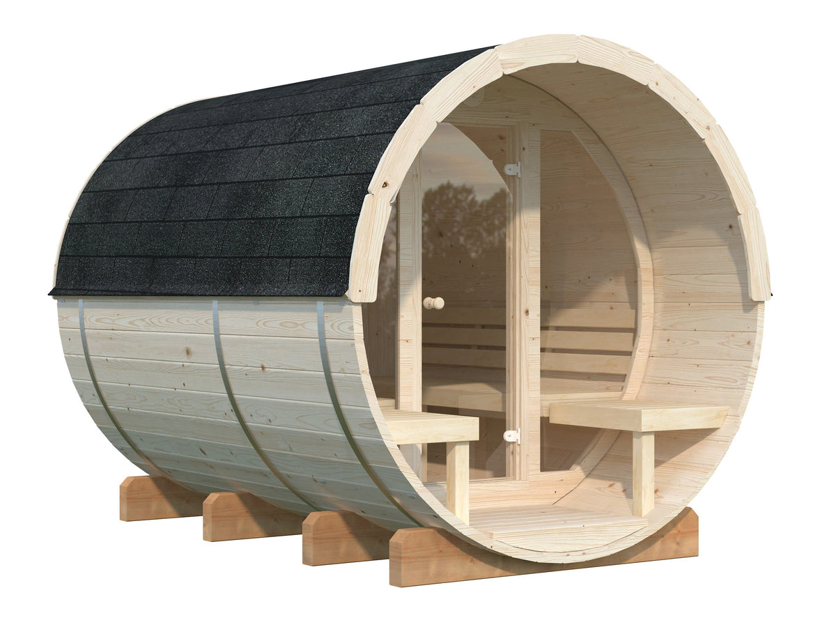 Barrel Sauna Anita L with Glass wall, 2.08 × Ø2.2 m, 2/4 (lying/seated), untreated