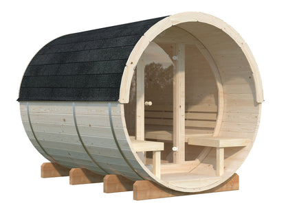 Barrel Sauna Anita L with Glass wall, 2.08 × Ø2.2 m, 2/4 (lying/seated), untreated