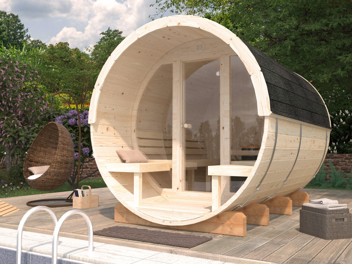 Barrel Sauna Anita L with Glass wall, 2.08 × Ø2.2 m, 2/4 (lying/seated)