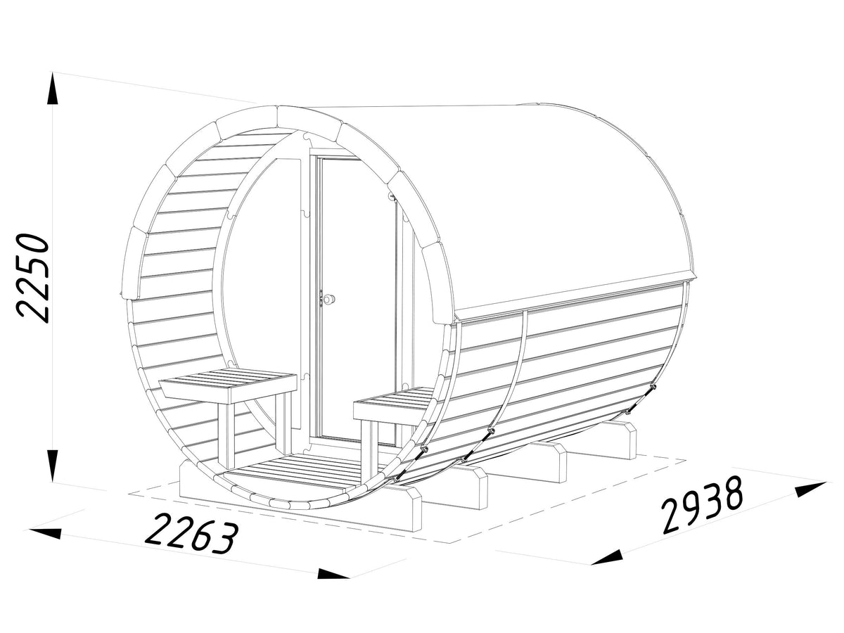 Barrel Sauna Anita L with Glass wall, 2.08 × Ø2.2 m, 2/4 (lying/seated)