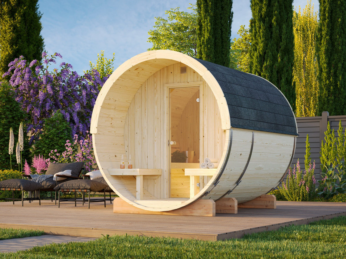Barrel Sauna Anita M, 1.65 × Ø2.2 m, 1/4 (lying/seated)