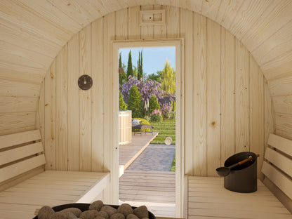 Barrel Sauna Anita M, 1.65 × Ø2.2 m, 1/4 (lying/seated)