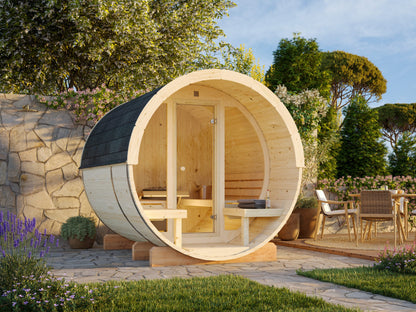 Barrel Sauna Anita M with Glass wall, 1.65 × Ø2.2 m, 1/4 (lying/seated)