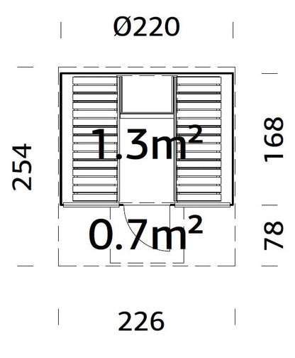 Barrel Sauna Anita M with Glass wall, 1.65 × Ø2.2 m, 1/4 (lying/seated)