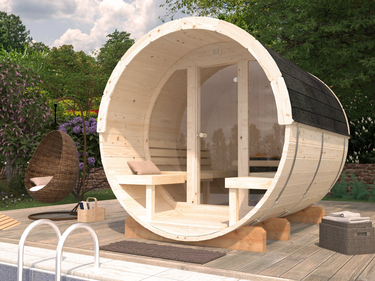 Barrel Sauna Anita M with Glass wall, 1.65 × Ø2.2 m, 1/4 (lying/seated)