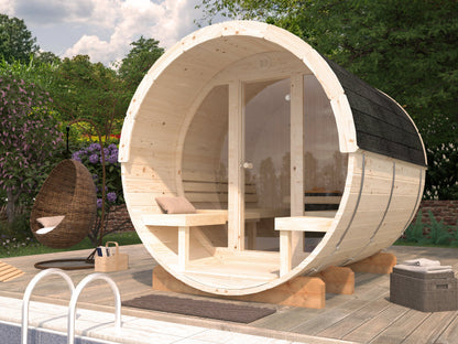 Barrel Sauna Anita M with Glass wall, 1.65 × Ø2.2 m, 1/4 (lying/seated)