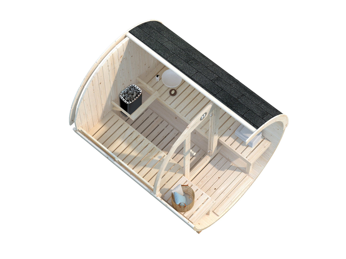 Barrel Sauna Anita M with Glass wall, 1.65 × Ø2.2 m, 1/4 (lying/seated)