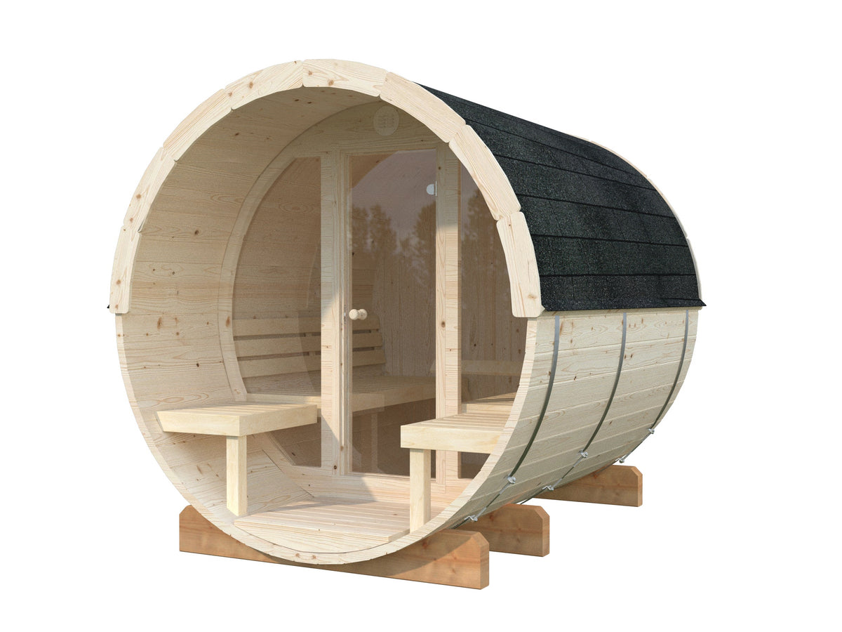 Barrel Sauna Anita M with Glass wall, 1.65 × Ø2.2 m, 1/4 (lying/seated)