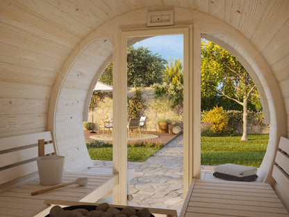 Barrel Sauna Anita M with Glass wall, 1.65 × Ø2.2 m, 1/4 (lying/seated)