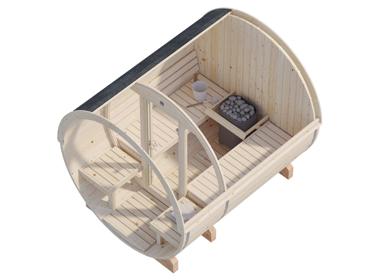 Barrel Sauna Anita M with Glass wall, 1.65 × Ø2.2 m, 1/4 (lying/seated)