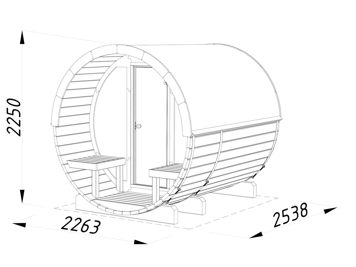 Barrel Sauna Anita M with Glass wall, 1.65 × Ø2.2 m, 1/4 (lying/seated)