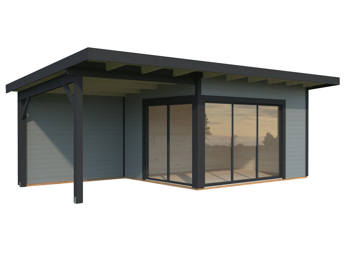 Garden Cabin Andrea 11.2+7.9 m² Slide Plus, light grey with anthracite trim