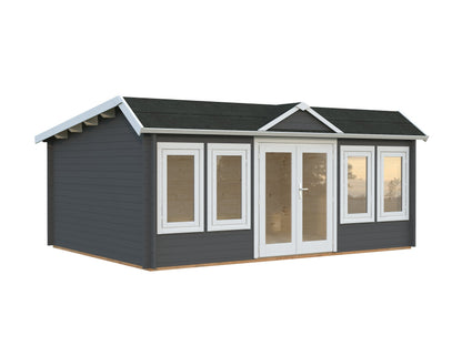 Garden Cabin Claudia Pent 19.4 m², grey with white trim