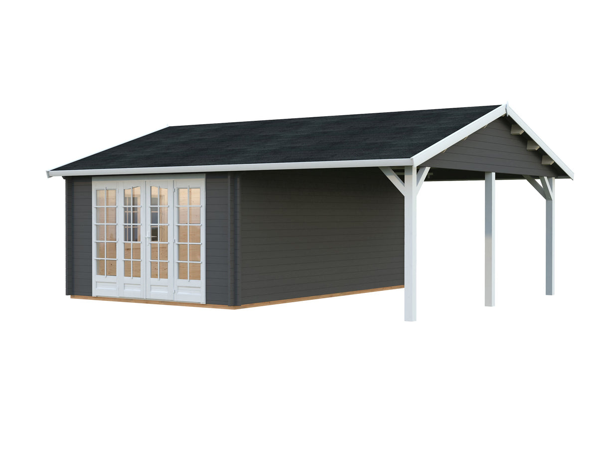 Garden Cabin Irene 19.0+16.2 m², grey with white trim