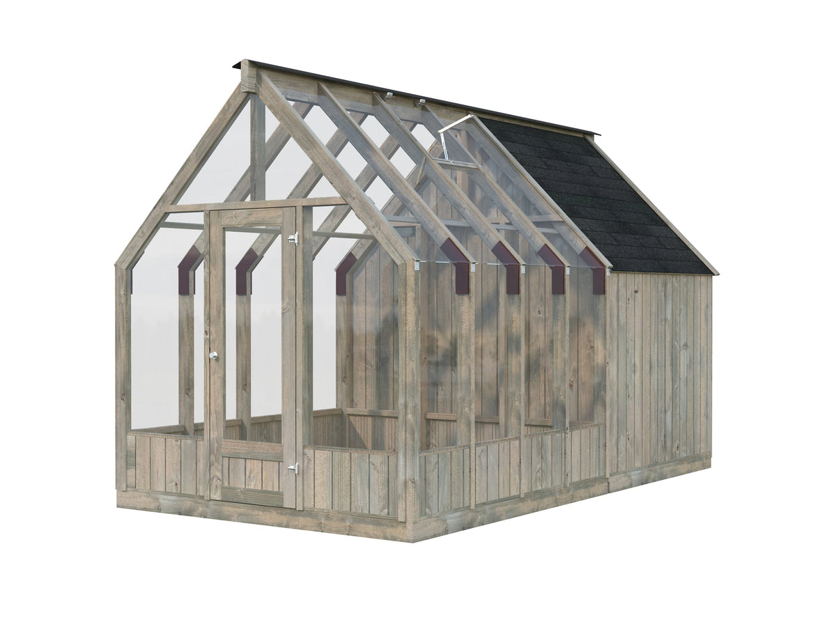 Glasshouse Emilia 5.4+4.0 m², grey pressure-treated