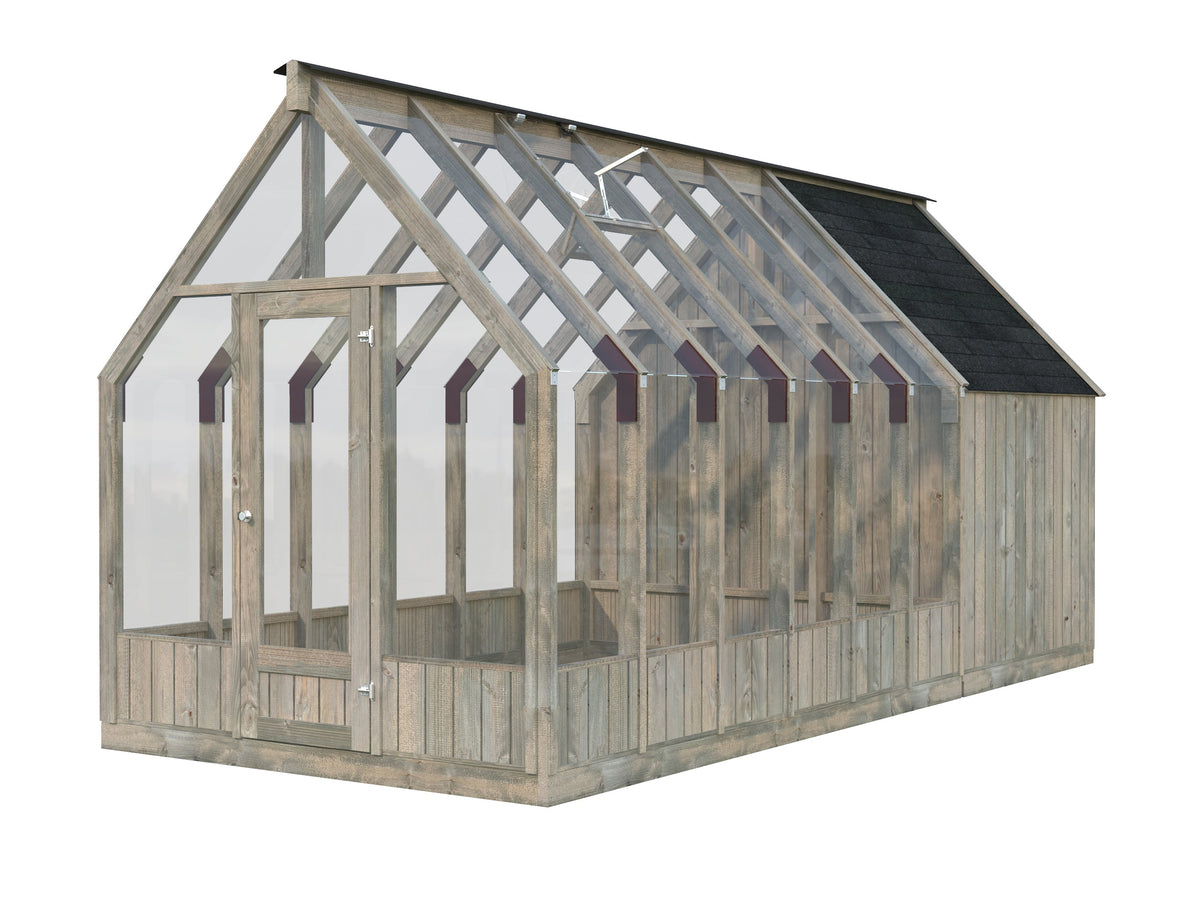 Glasshouse Emilia 8.2+4.0 m², grey pressure-treated