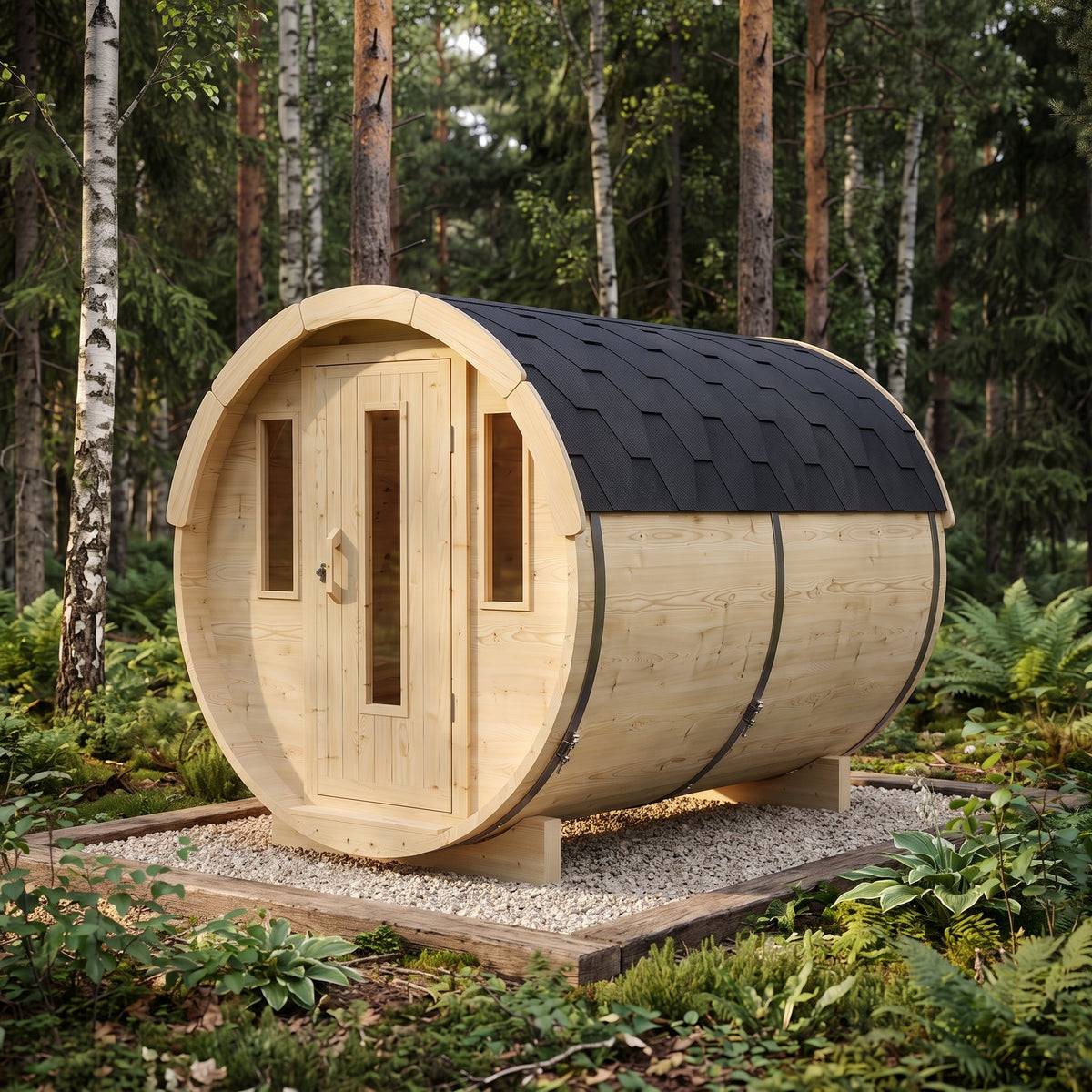 2.5m Sauna Barrel (Electric Heater) set up outdoors