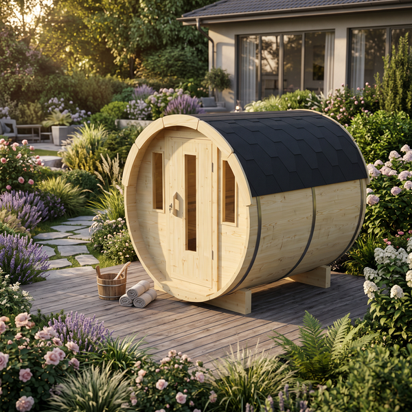 2m Sauna Barrel (Electric Heater) set up outdoors