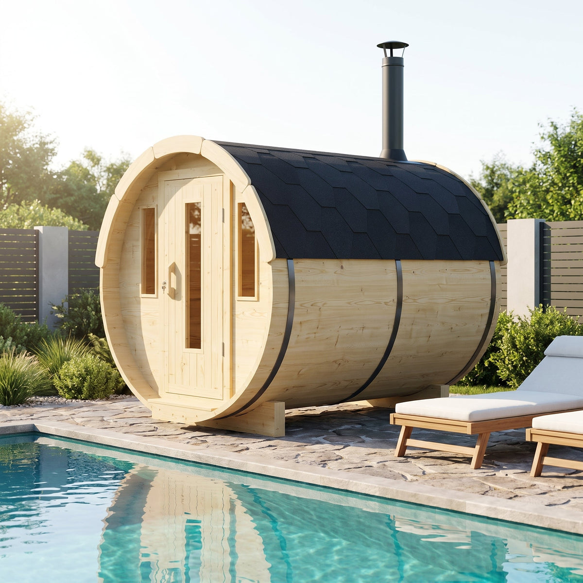 2m Sauna Barrel (Wood Fired Heater) set up outdoors