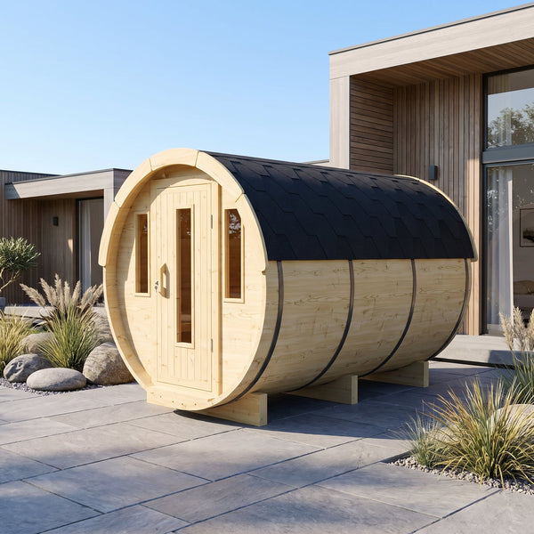 3m Sauna Barrel (Electric Heater) set up outdoors