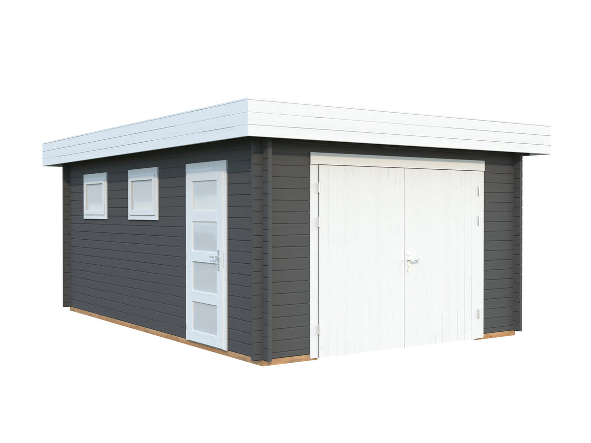 Timber Garage Rasmus 19.0 m² with wooden gate, grey with white trim