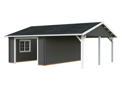 Timber Garage Roger 19.0+16.2 m² kit, grey with white trim