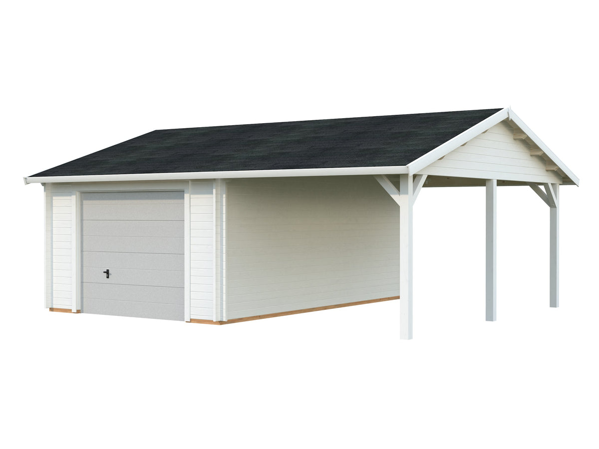 Timber Garage Roger 19.0+16.2 m² with sectional door, painted white