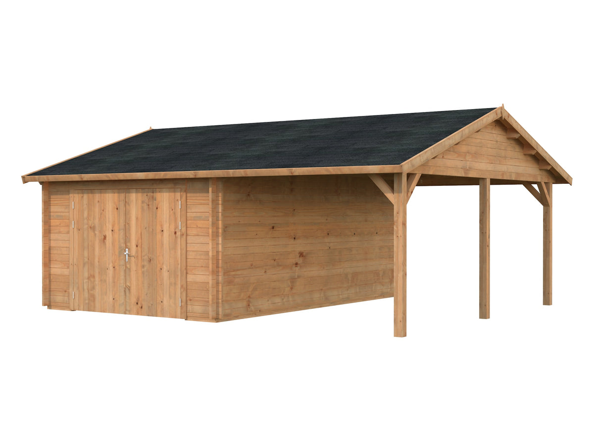 Timber Garage Roger 19.0+16.2 m² with wooden gate, brown dip-treated