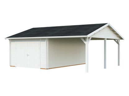 Timber Garage Roger 19.0+16.2 m² with wooden gate, painted white