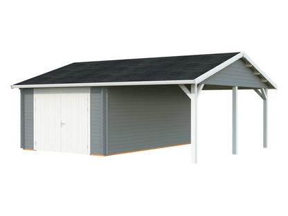 Timber Garage Roger 19.0+16.2 m² with wooden gate, light grey with white trim