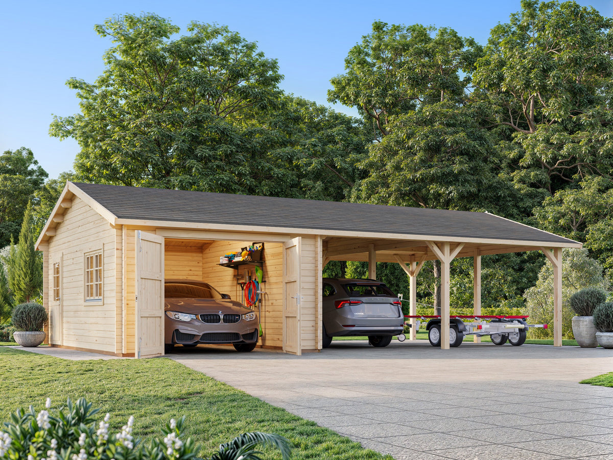 Timber Garage Roger 19.0+33.2 m² with wooden gate