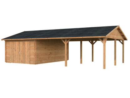 Timber Garage Roger 19.0+33.2 m² with wooden gate, brown dip-treated