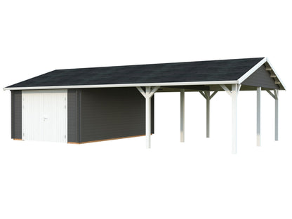 Timber Garage Roger 19.0+33.2 m² with wooden gate, grey with white trim
