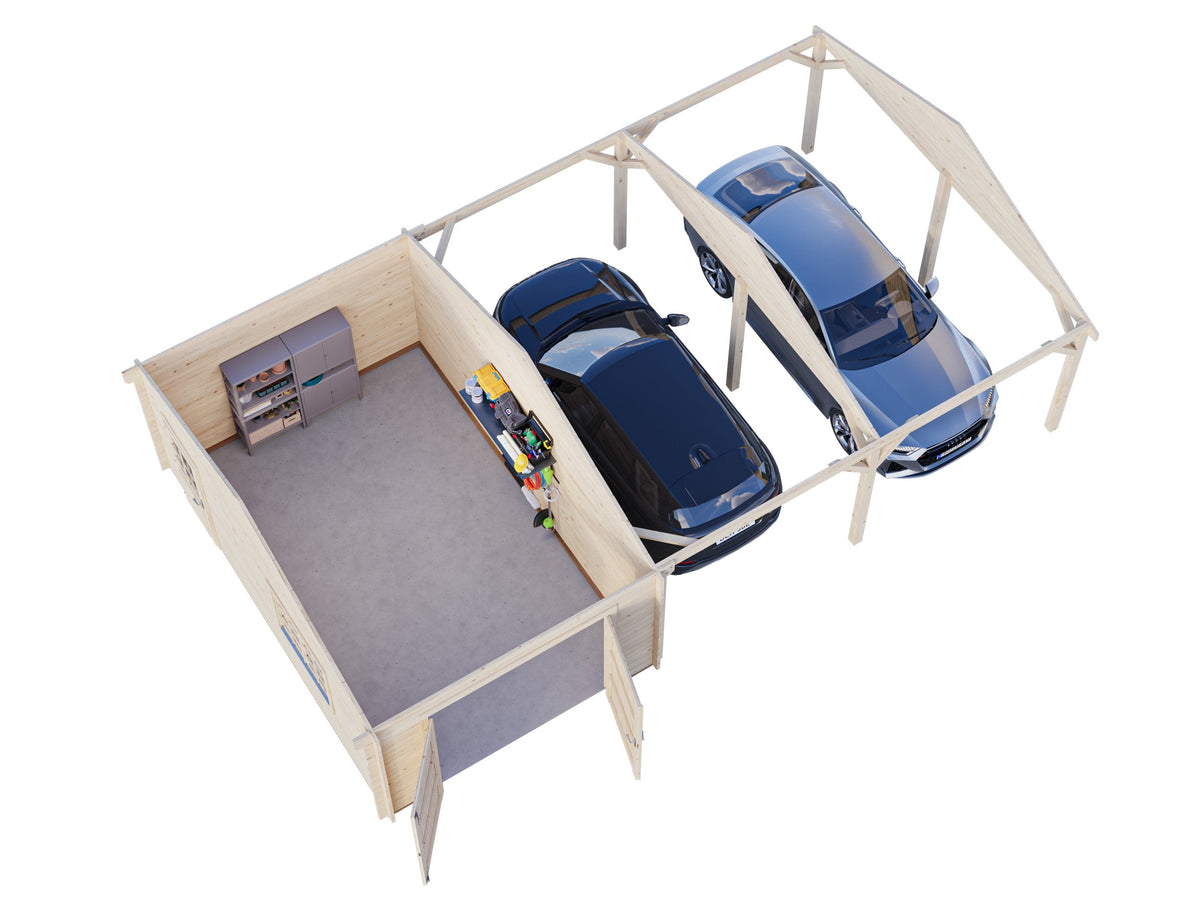 Timber Garage Roger 19.0+33.2 m² with wooden gate
